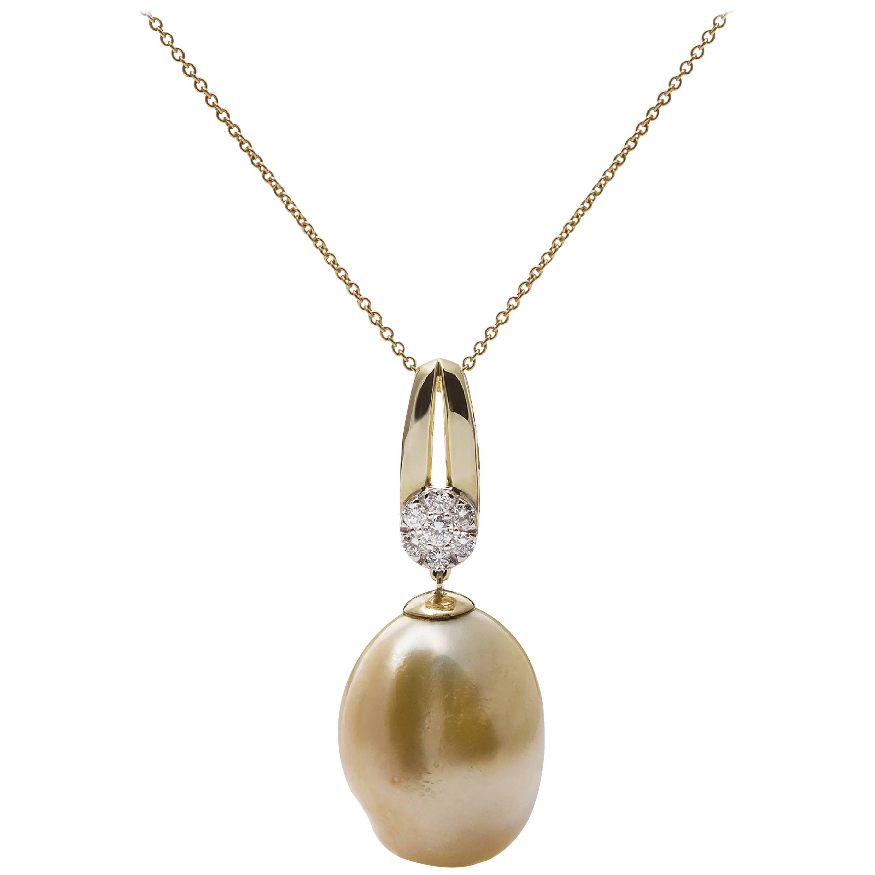 Lust Pearls Golden Baroque South Sea Pearl 0.28 Carat Diamond Gold Pendant