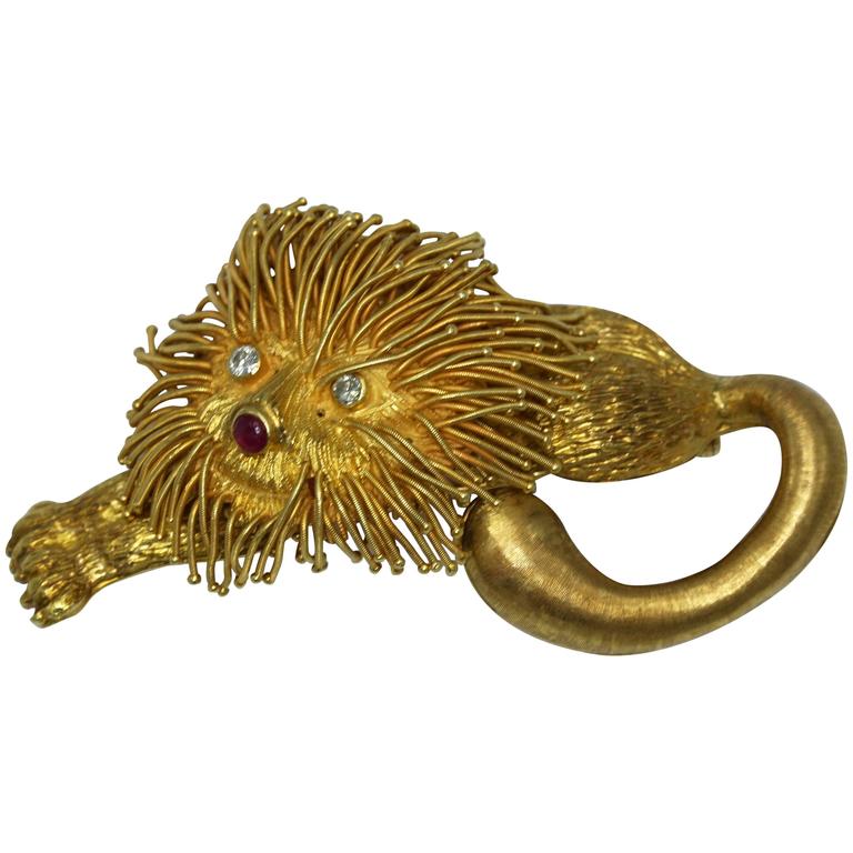 Lalaounis Ruby Diamond Gold Lion Brooch For Sale at 1stdibs