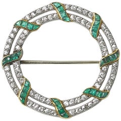 Emerald diamond platinum and gold Circular Brooch