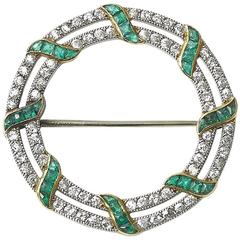 Emerald diamond platinum Circular Brooch 5