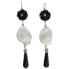 Gold Diamond Sapphire Onyx Baroque Pearl Earrings