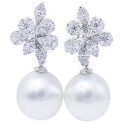 South Sea Pearl Diamond Cluster Fancy Earrings