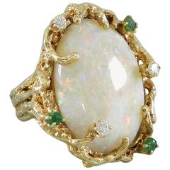 1970s Organic Opal Diamond Emerald Gold Modernist Cocktail Ring