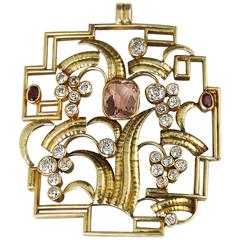 Vintage Anton Kling Wiener Werkstätte Topaz Diamond Ruby Gold Pendant 8