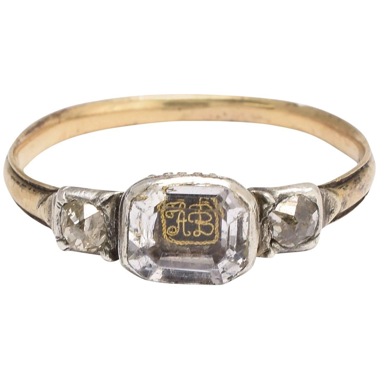 Antique Stuart Crystal Ring with "AB" Cipher and Old Mine Cut Diamonds For Sale