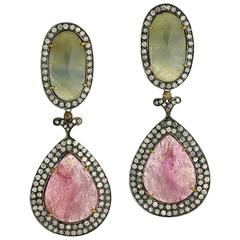 Sliced Sapphire Earrings with pave Diamonds Around 4