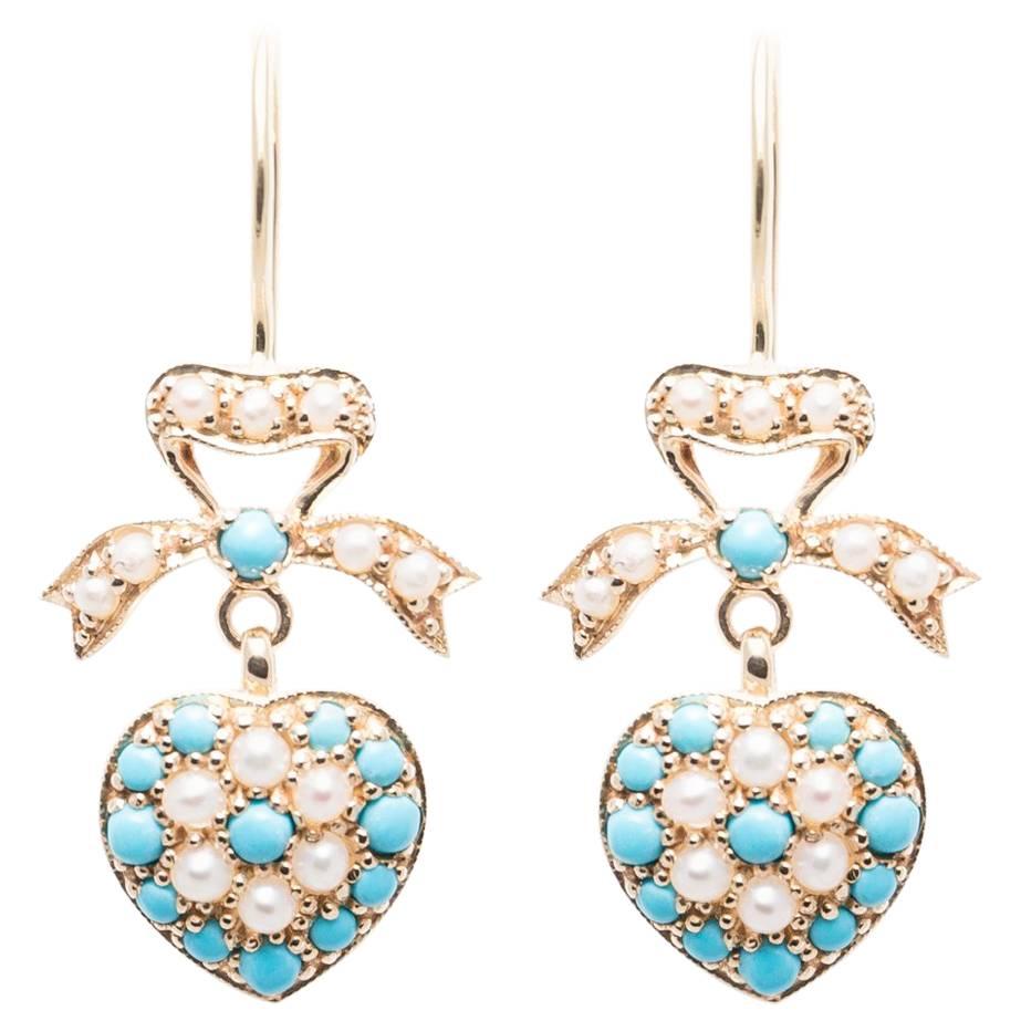 Dangling Turquoise and Pearl Heart Earrings in Yellow Gold For Sale