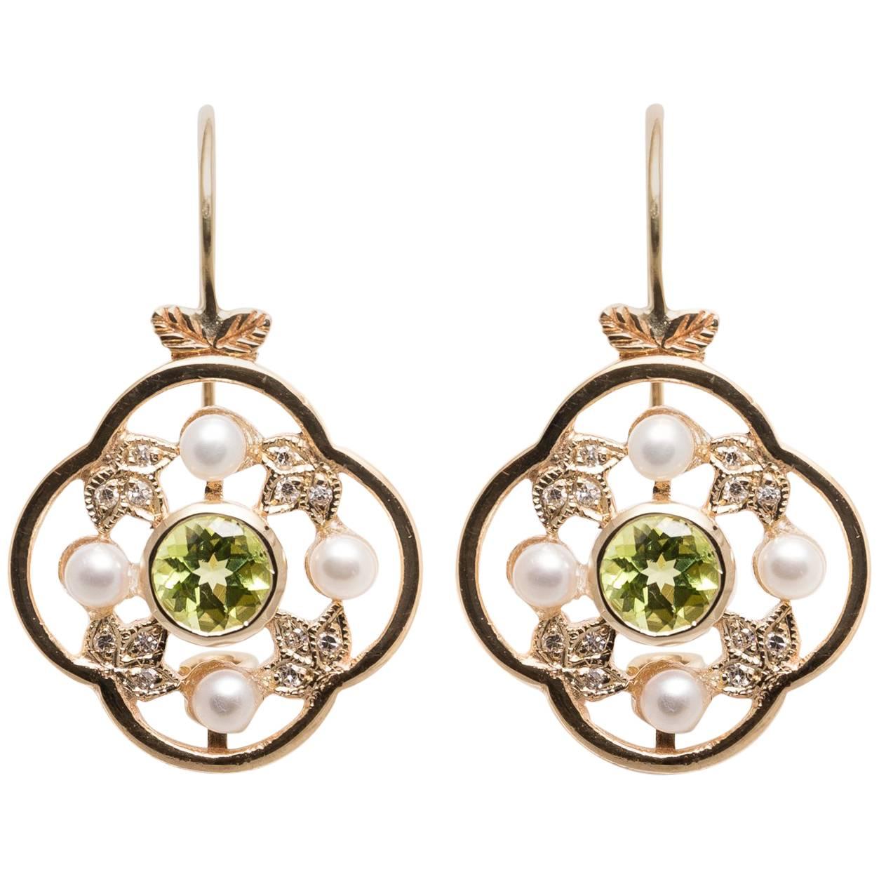 Beautiful Peridot Pearl Diamond Yellow Gold Earrings For Sale