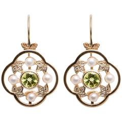 Beautiful Peridot Pearl Diamond Yellow Gold Earrings