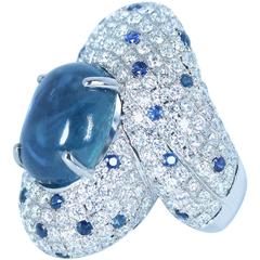 23 Carat Unheated Burmese Cabochon Sapphire Gold Panther Motifs Ring 5