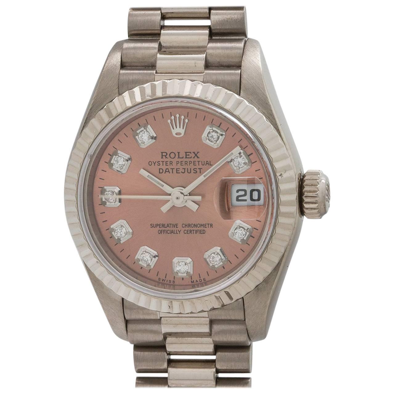 Rolex Ladies White Gold Ice Pink Diamond President Wristwatch Ref 79179