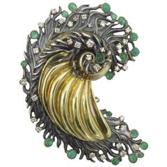 Emerald Diamond Silver Yellow Gold Brooch 11