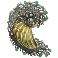 Emerald Diamond Silver Yellow Gold Brooch