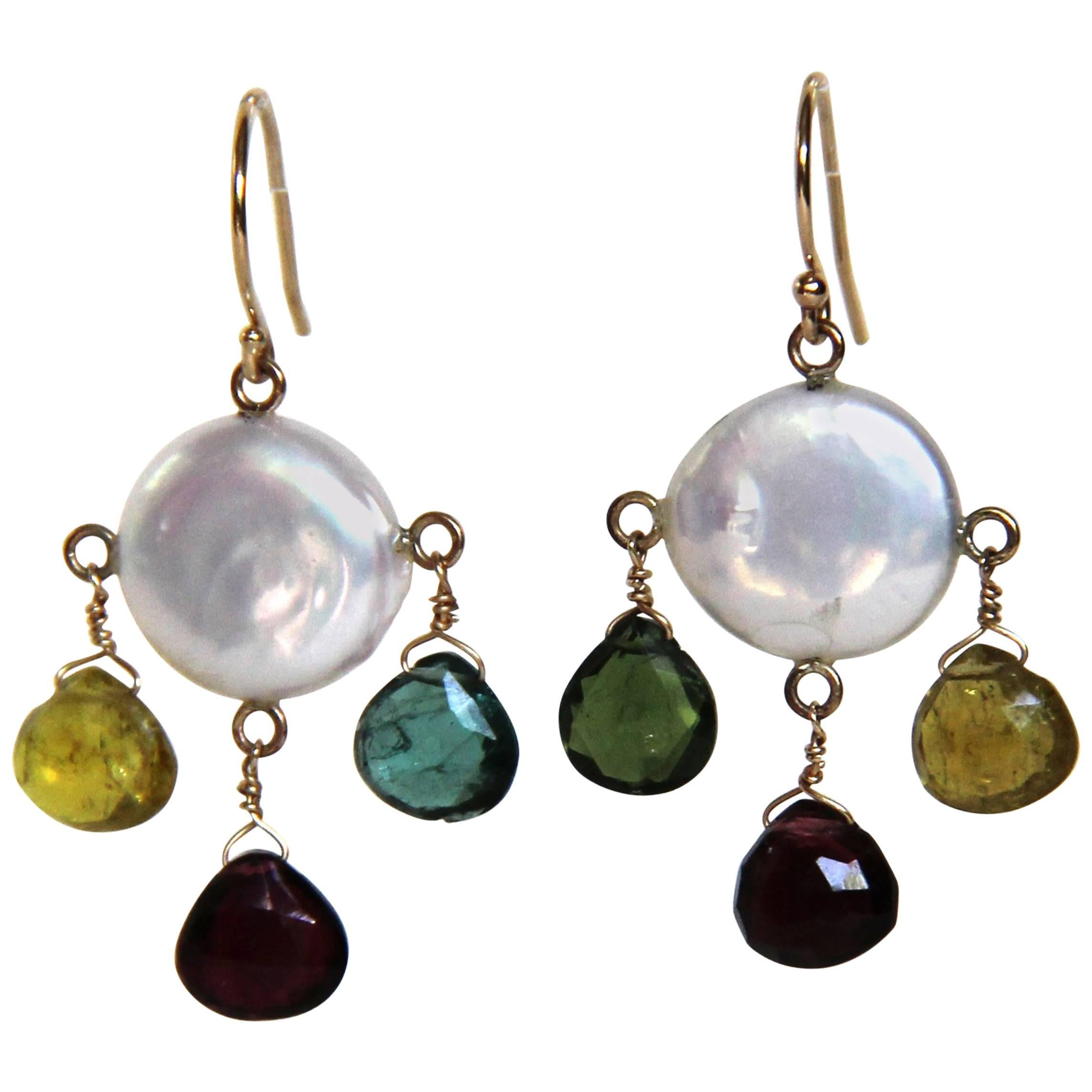 Marina J Multicolor Tourmaline Briolettes, Pearls and 14 k Yellow Gold  Earrings For Sale