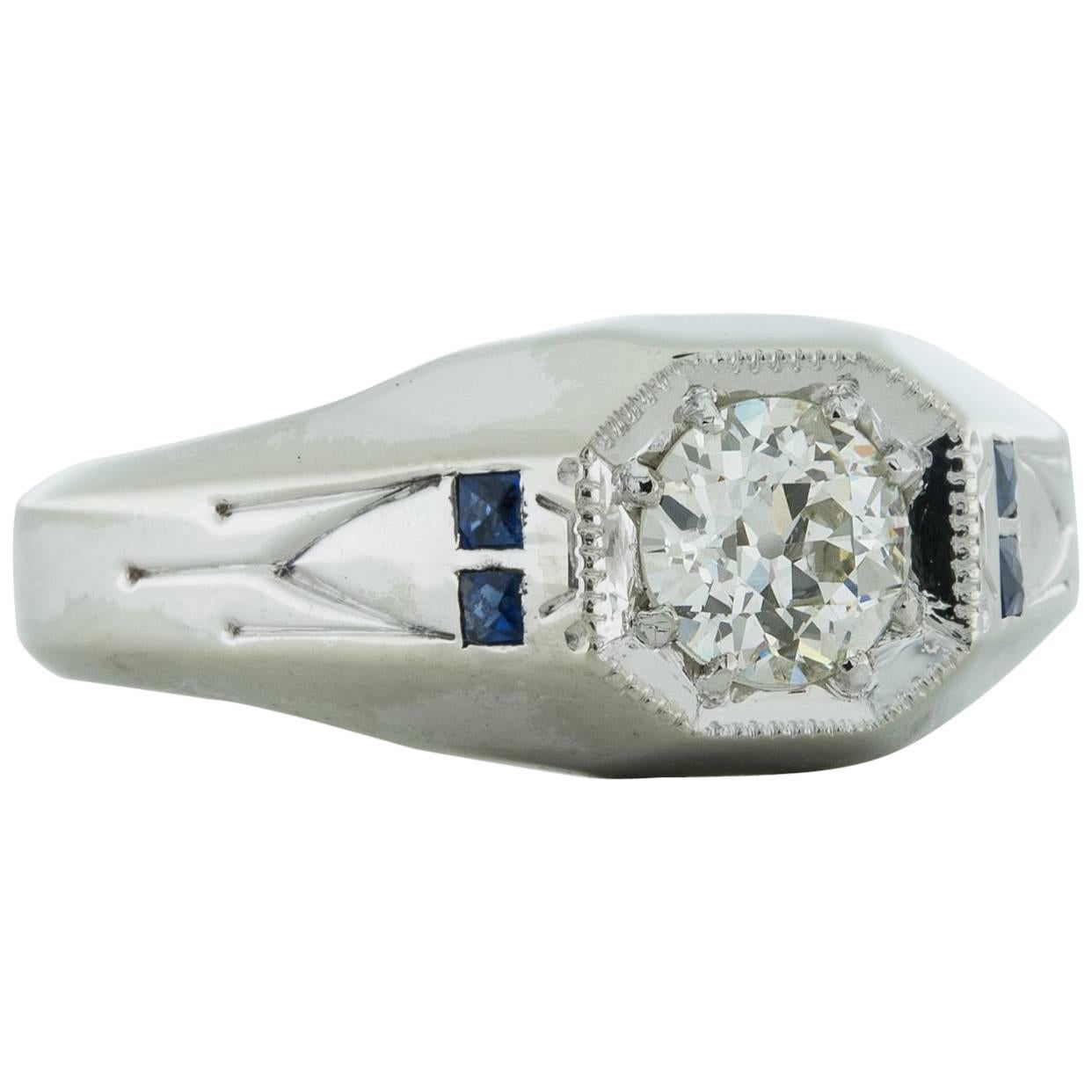 .57 Carat Old European Cut Sapphire Diamond Platinum Ring For Sale