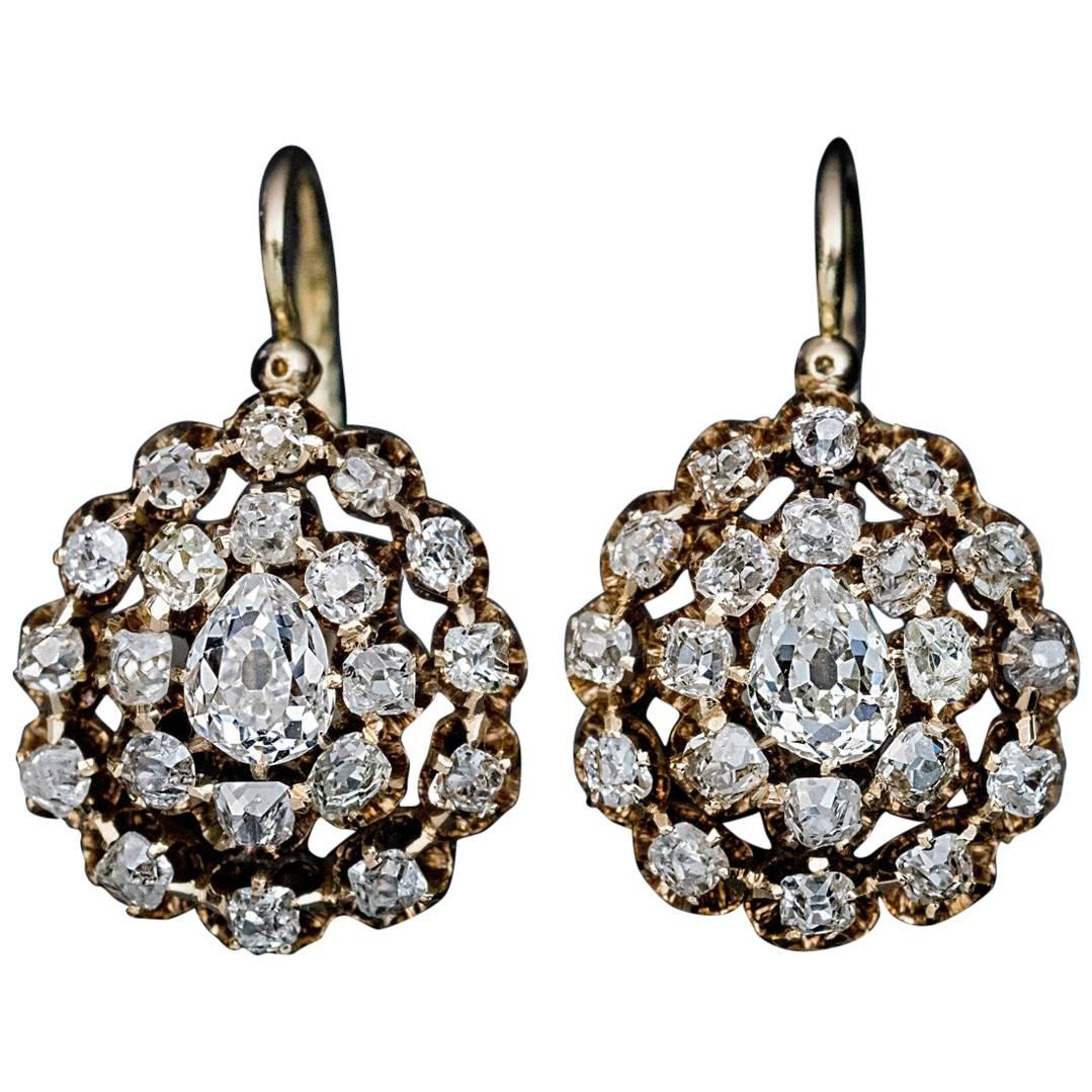 1880s Antique Russian 3 Carat Diamonds Gold Drop Earrings
