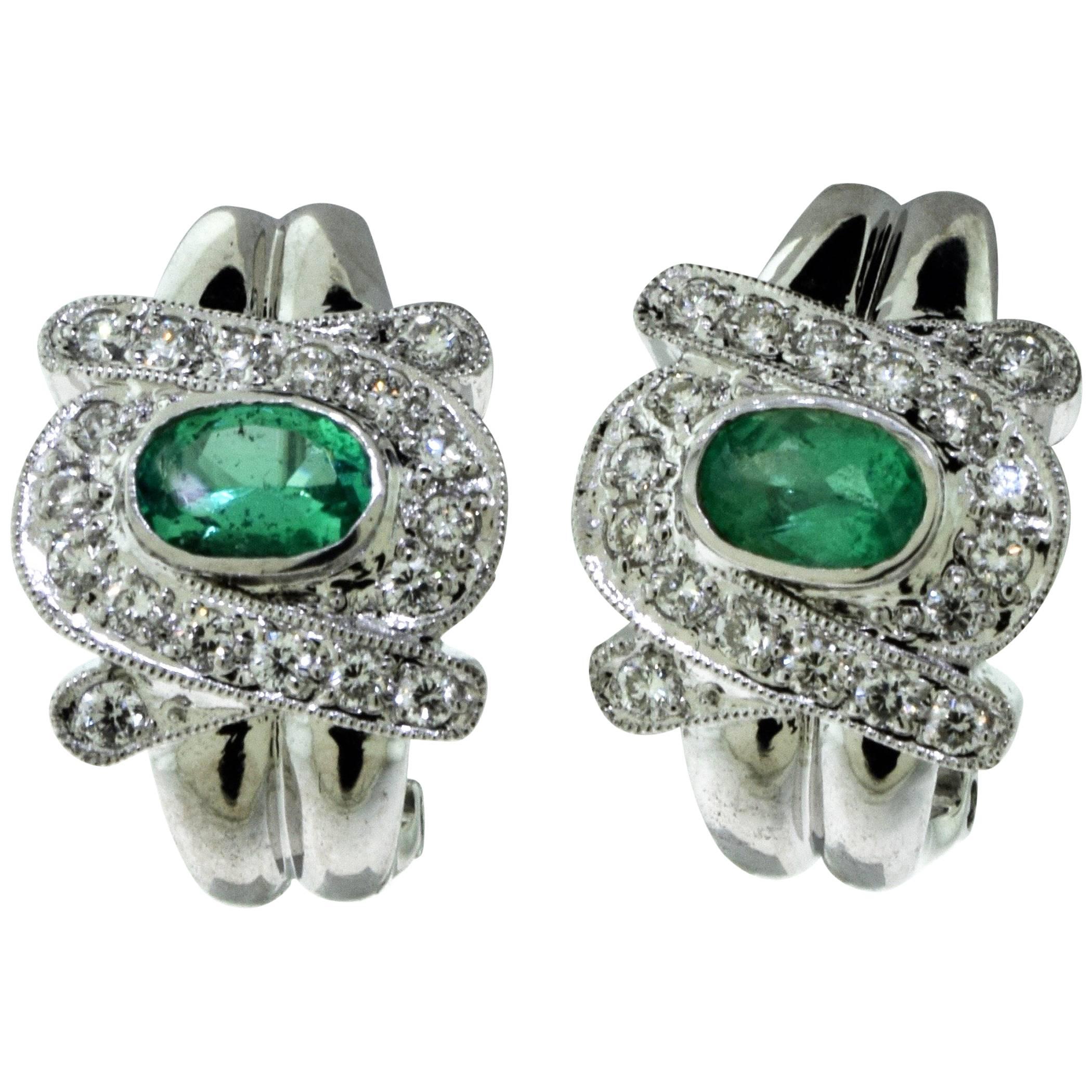 Emerald and Diamond Swirl 18 Karat White Gold Earrings For Sale