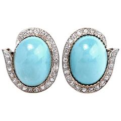 1960s Persian Turquoise Diamond Gold Clip-Back Earrings 5