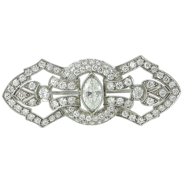 Art Deco Diamond Platinum Filigree Brooch For Sale at 1stdibs