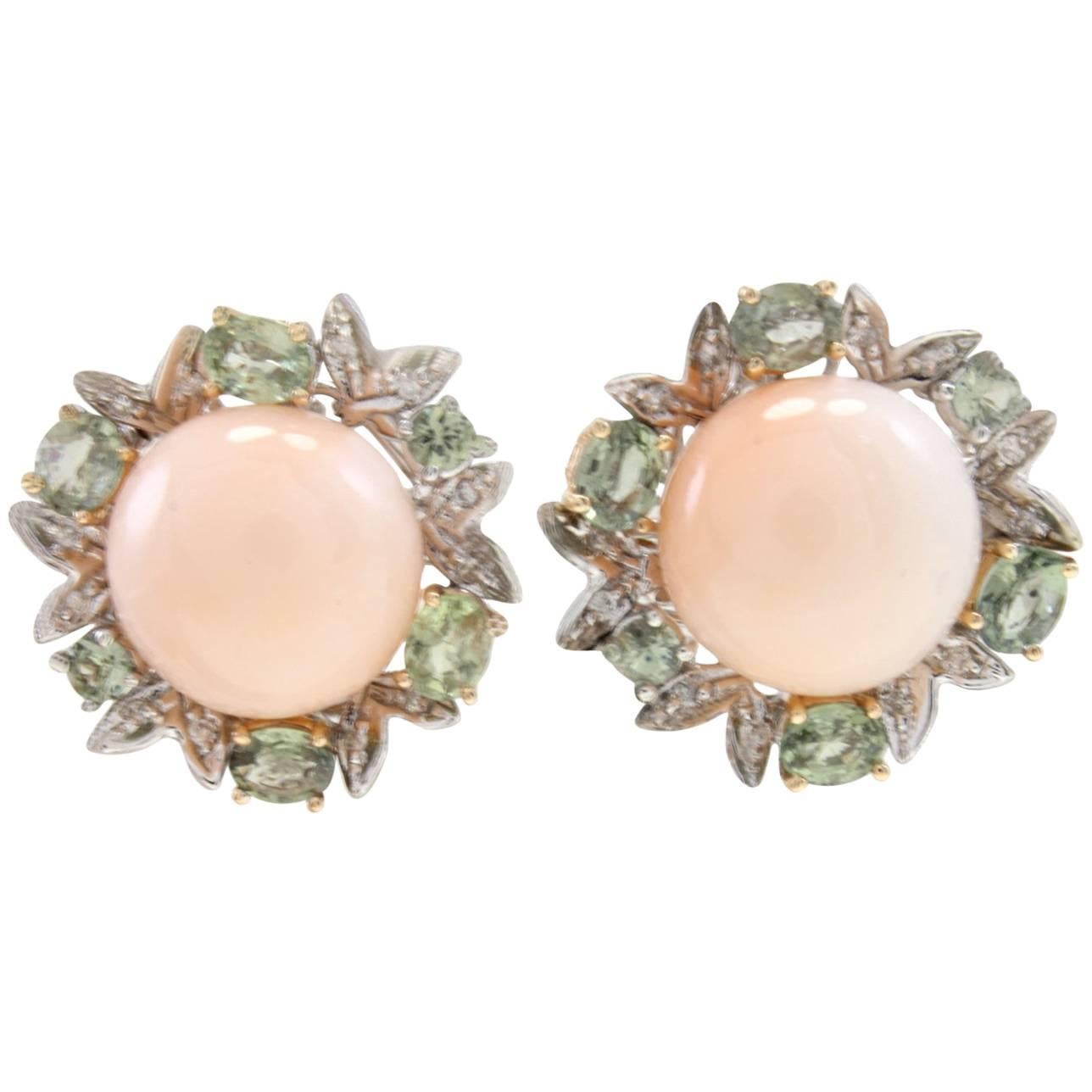  Gold Diamond Sapphire Coral Stud Earring