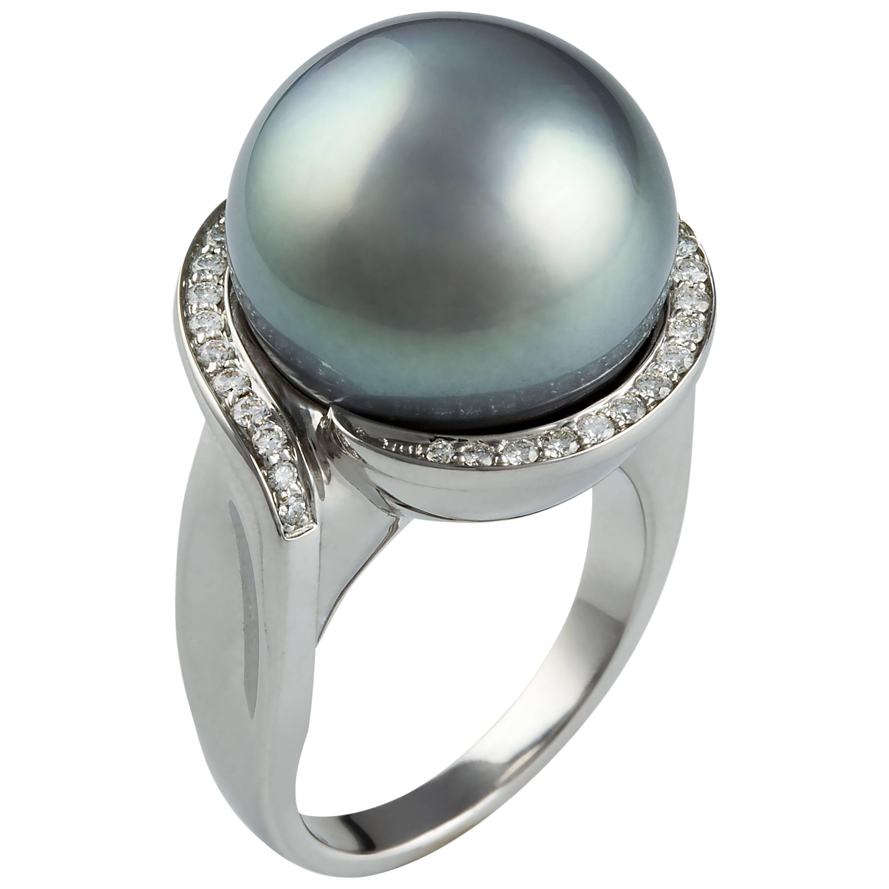 Lust Pearls Tahitian 15.9mm South Sea Pearl 0.31 Carat Diamond Ring