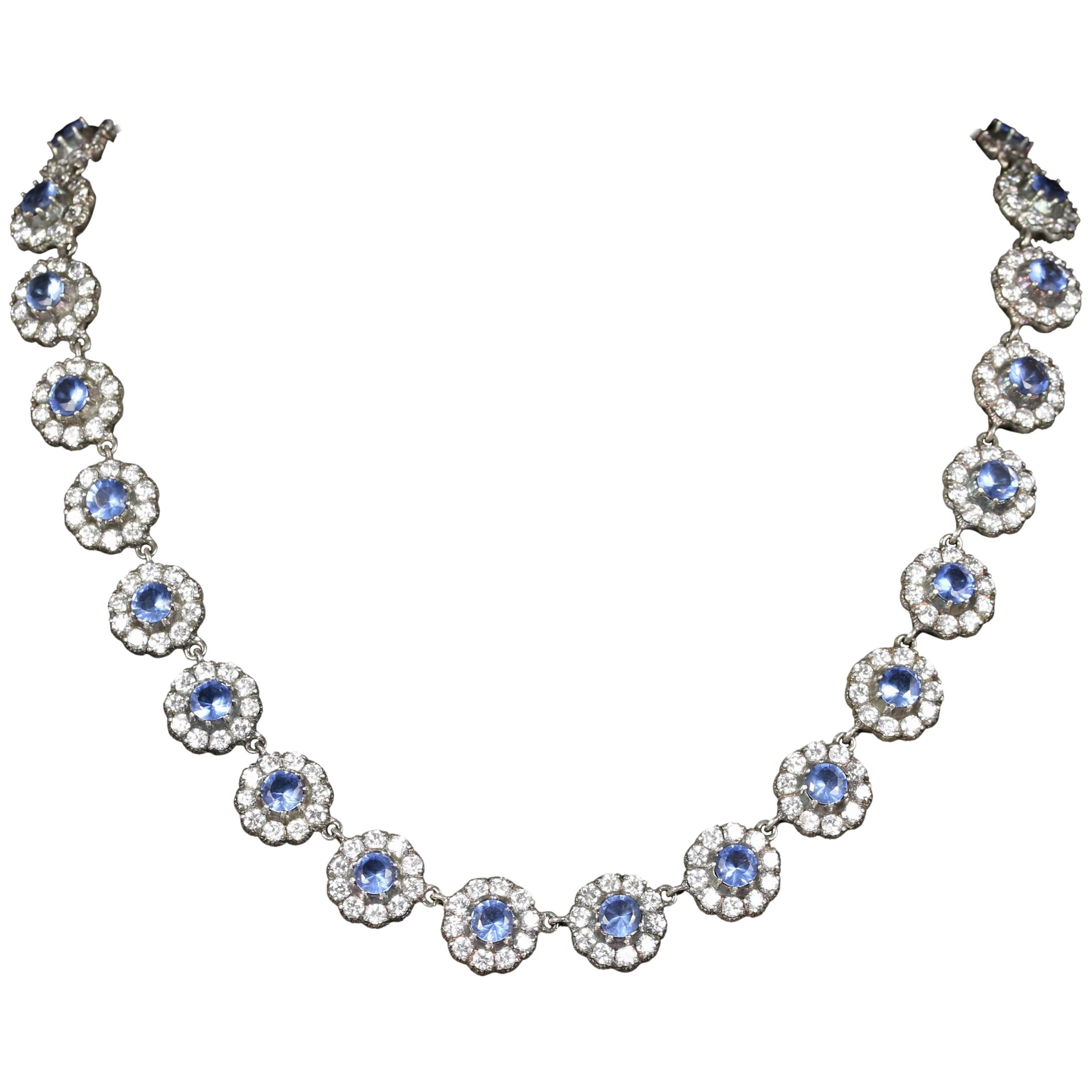 Blue and White Paste Necklace Sterling Silver Cluster Collar