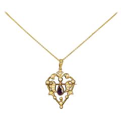 Antique Victorian Amethyst Gold Heart Necklace Pendant Brooch, circa 1900