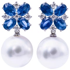  South Sea Pearl Oval Shape Sapphire Diamond white gold Dangle Earrings