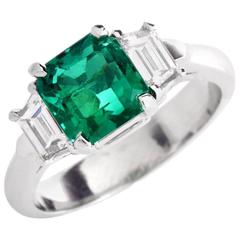 Certified Asscher-Cut GIA Emerald Diamond Platinum Three-Stone Ring