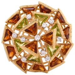1970s Diamond Peridot Madeira Citrine Gold Floral Brooch Pin