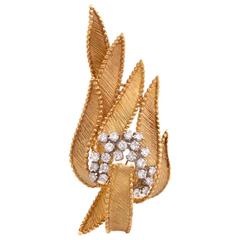 1970s Diamond Yellow Gold Leaf Cluster Pin Brooch
