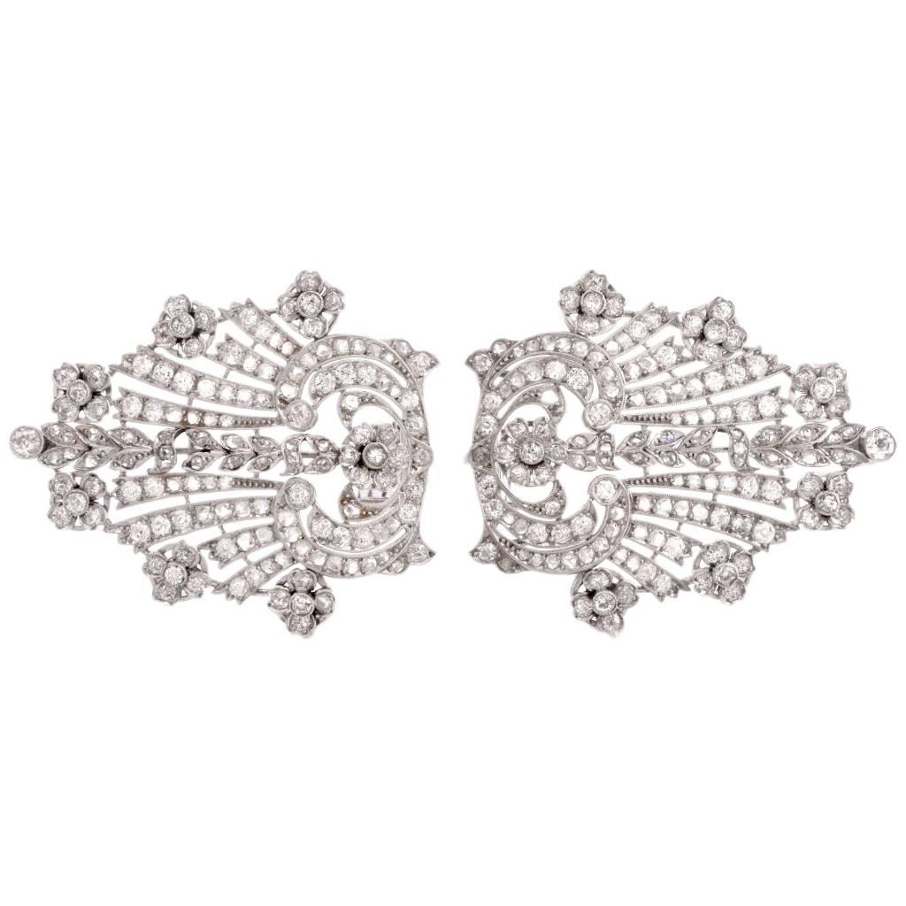 Antique Edwardian Diamond Platinum Double-Clip Garland Lapel Brooch