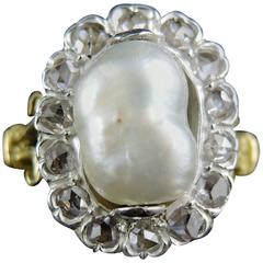 Antique 19th Century Baroque French Natural Pearl Diamond Silver Gold Ring