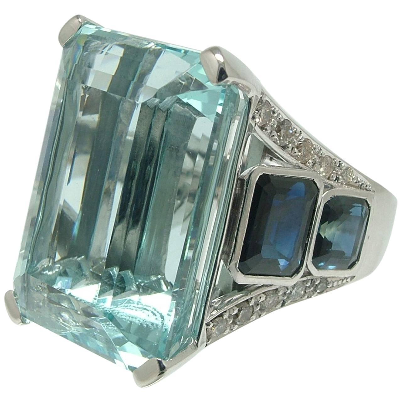 38.20 Carat Aquamarine Sapphire Diamond White Gold Ring For Sale