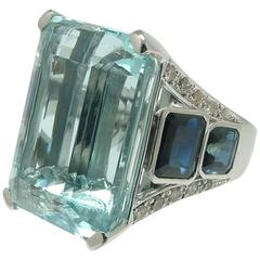 38.20 Carat Aquamarine Sapphire Diamond White Gold Ring