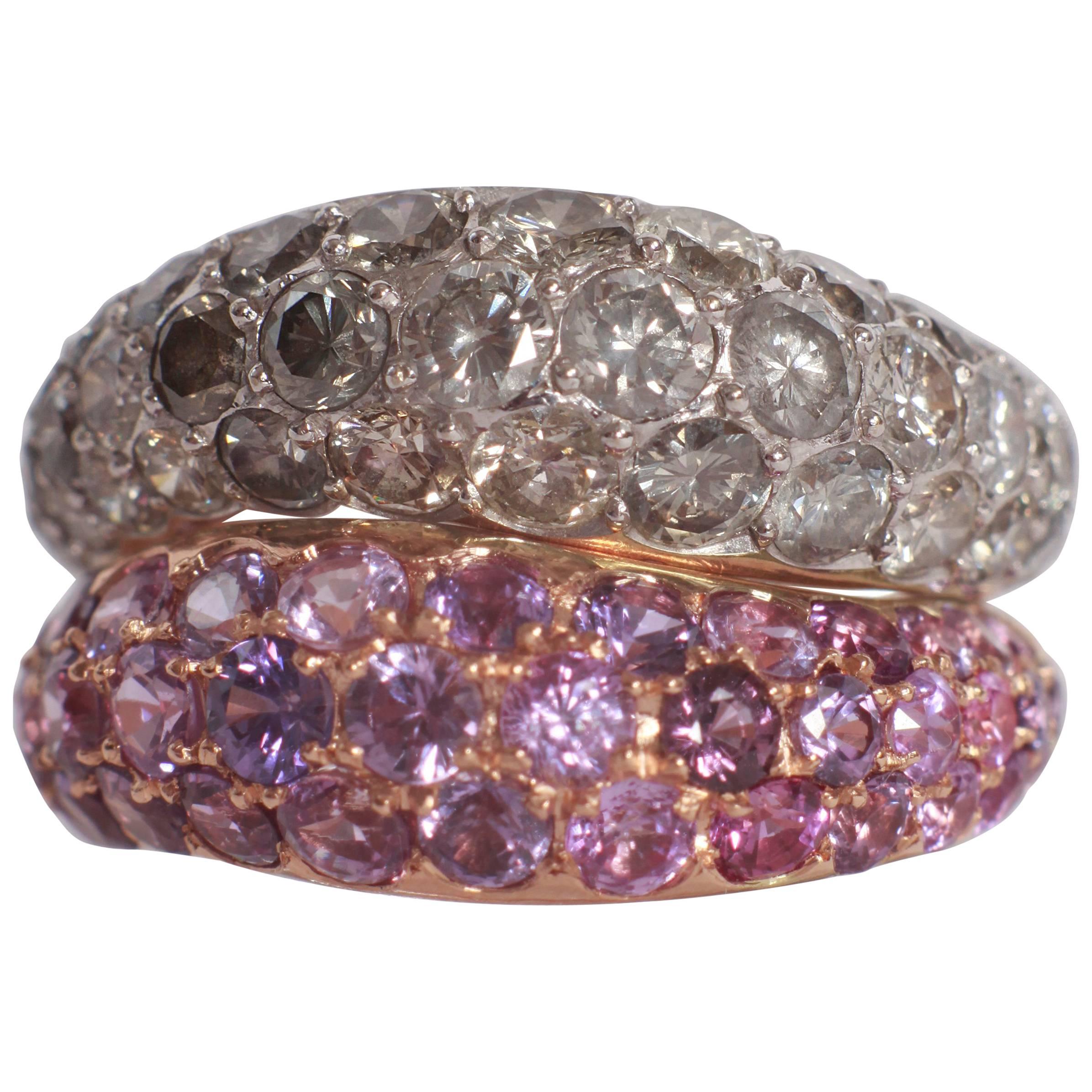 Duo of Wavy Pave-Set Pink Sapphire and Grey Diamonds Band Rings 18 K Gold  For Sale
