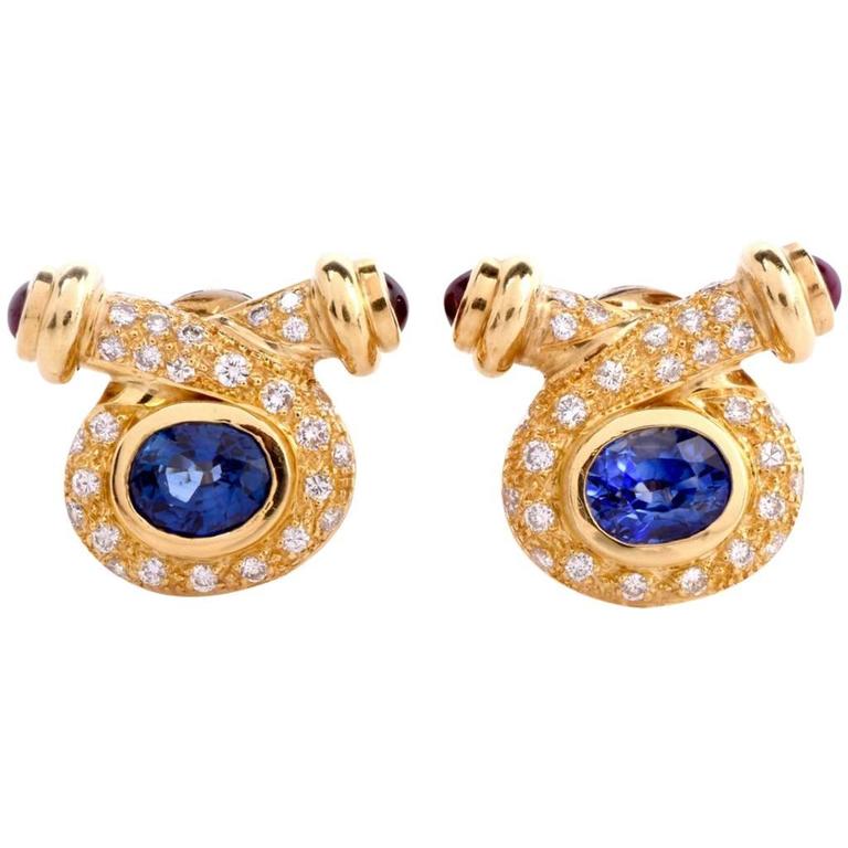 Sapphire Diamond Yellow Gold ClipOn Earrings For Sale at 1stDibs