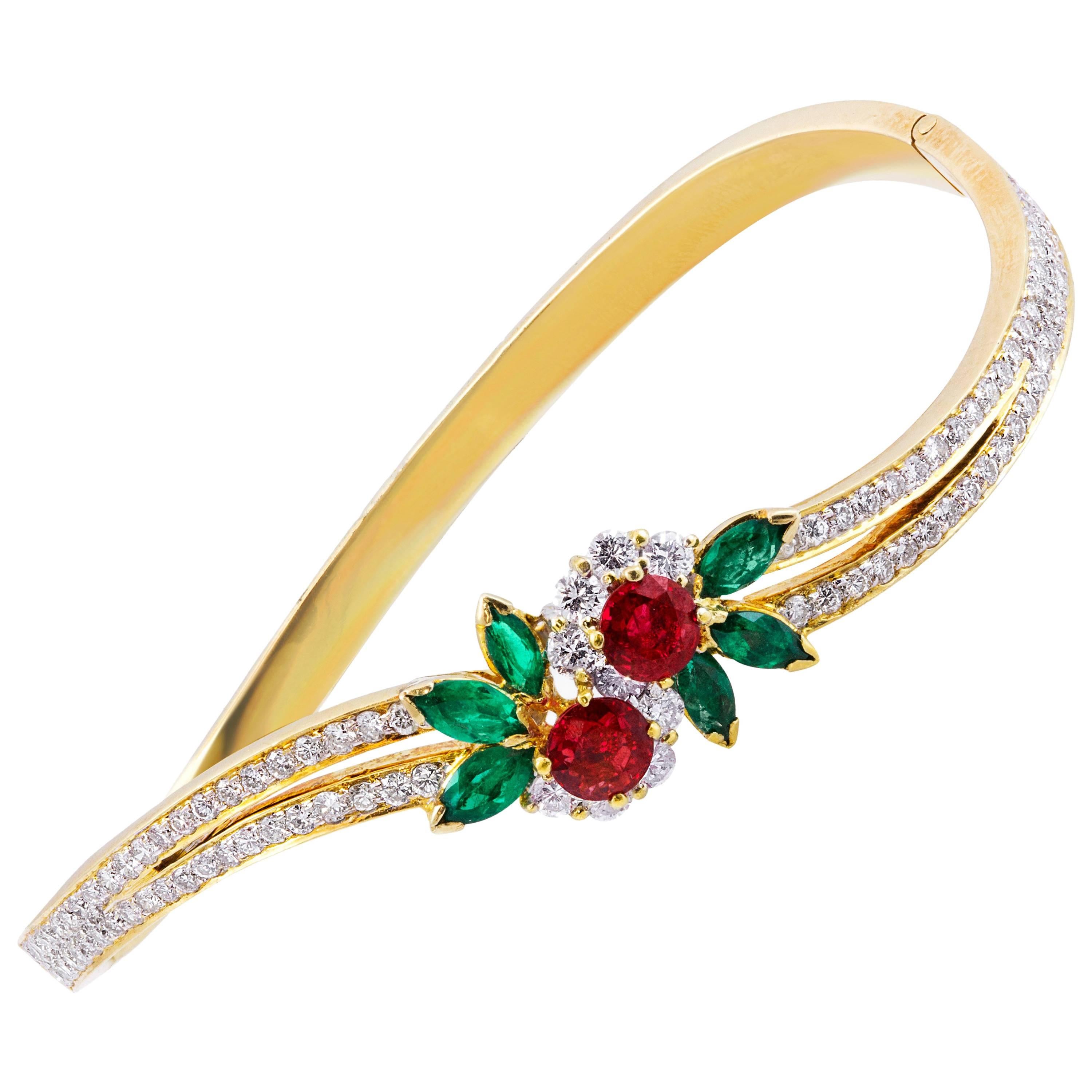 3.59 Carat Total Multi-Stone Flower Motif Gold Bangle Bracelet