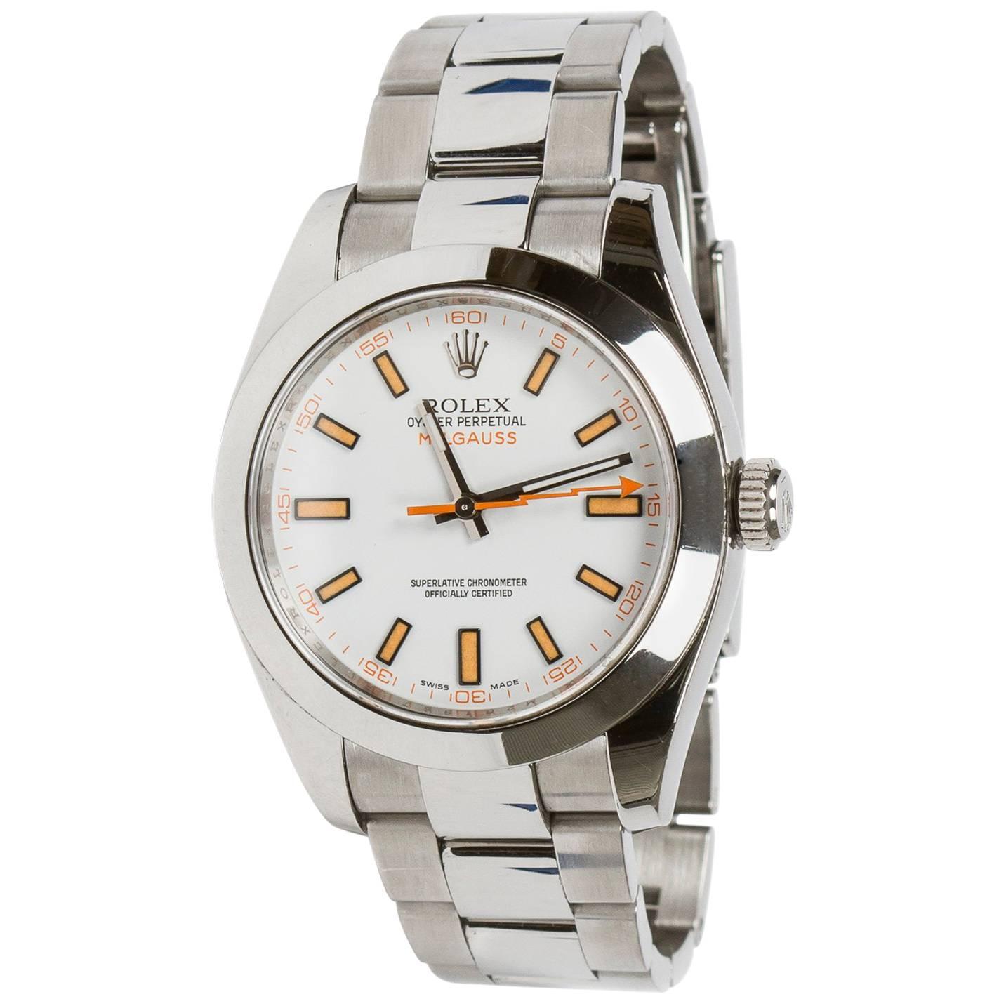 Rolex Stainless Steel White Dial Milgauss Oyster Perpetual Automatic Wristwatch For Sale