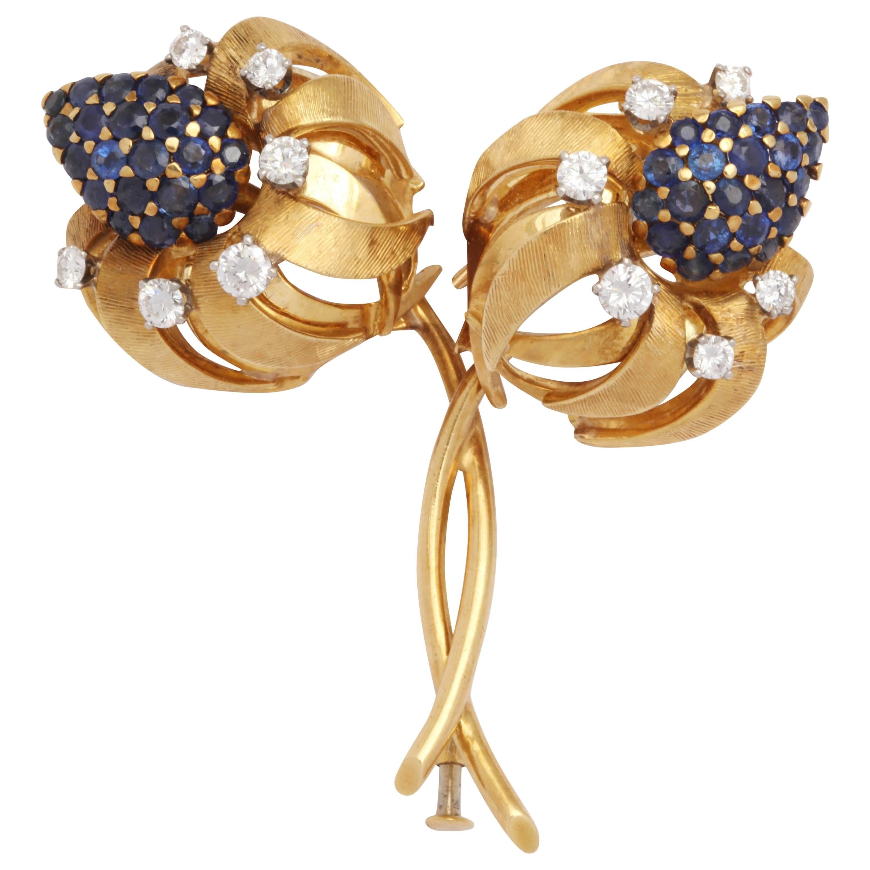 Natural Sapphire Diamond Gold Flower Pin For Sale