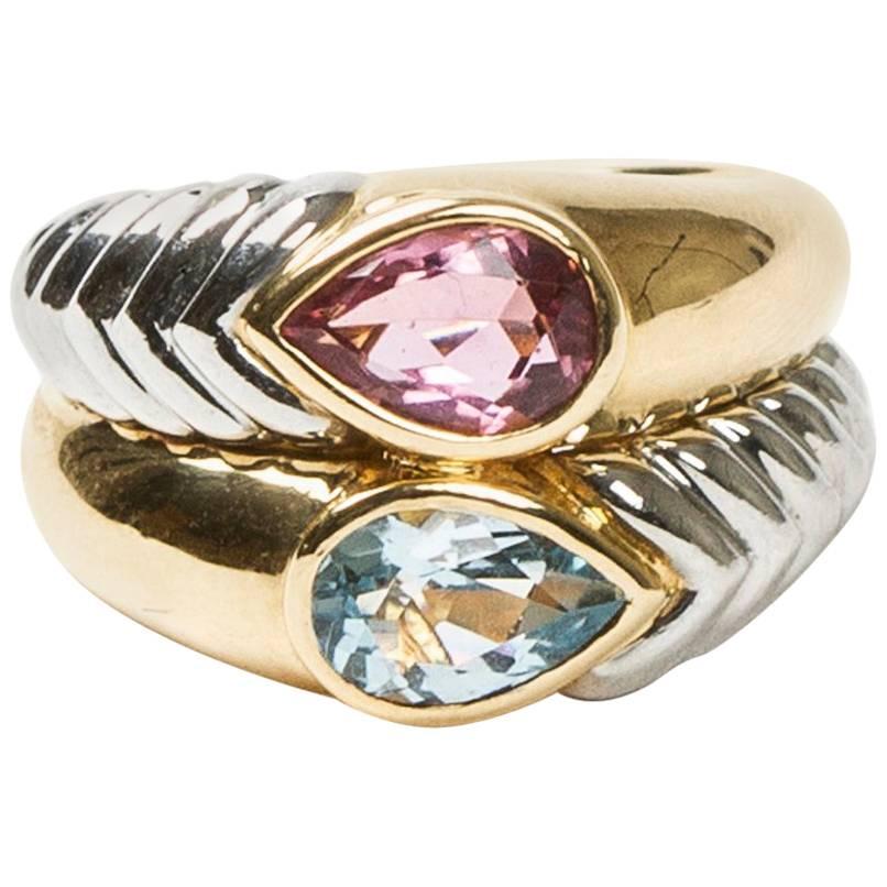 Bulgari Pear Cut Pink and Blue Stones Two Color Gold Double Ring  For Sale