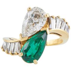Emerald Diamond Yellow Gold Bypass Ring