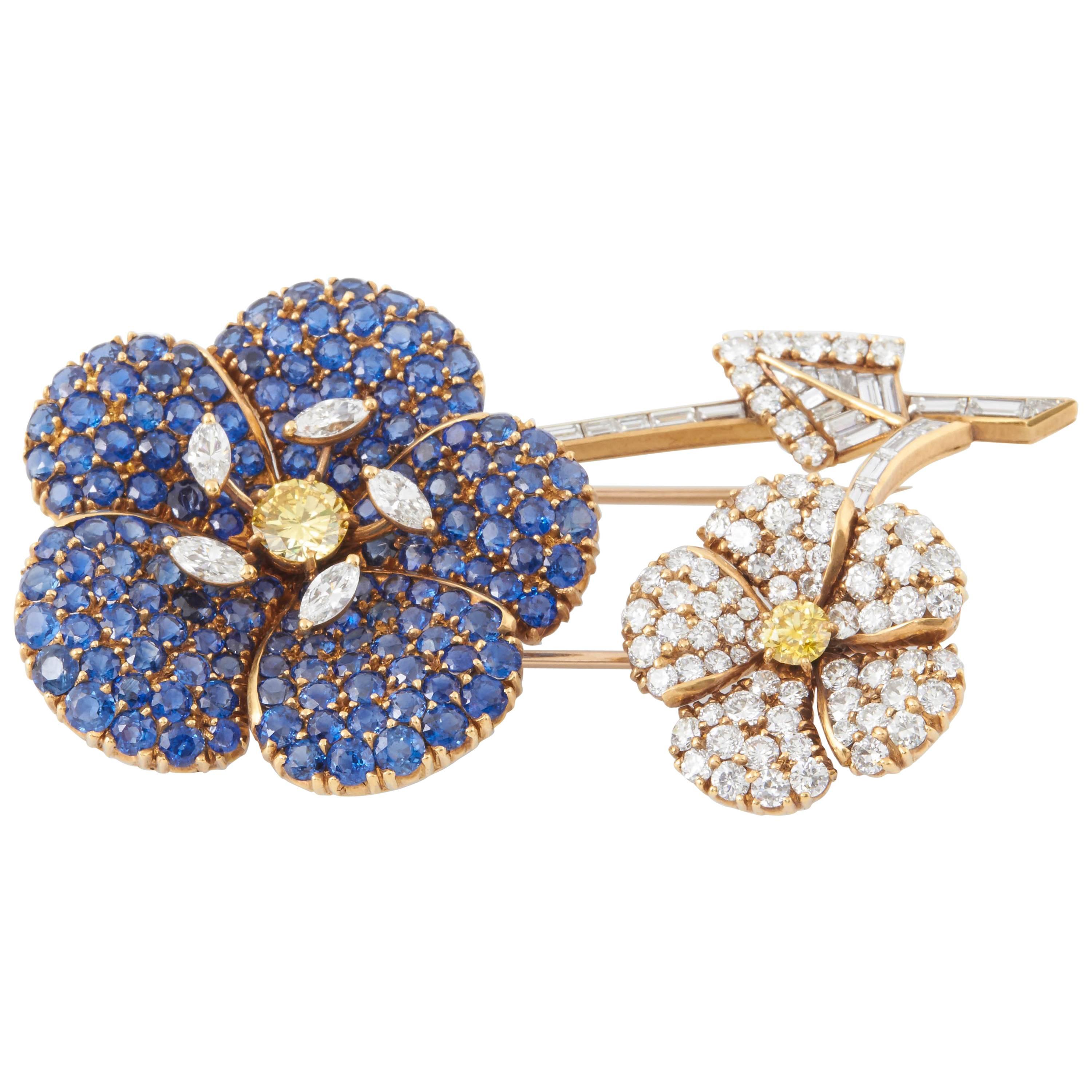 Cartier Sapphire Diamond Flower Brooch For Sale