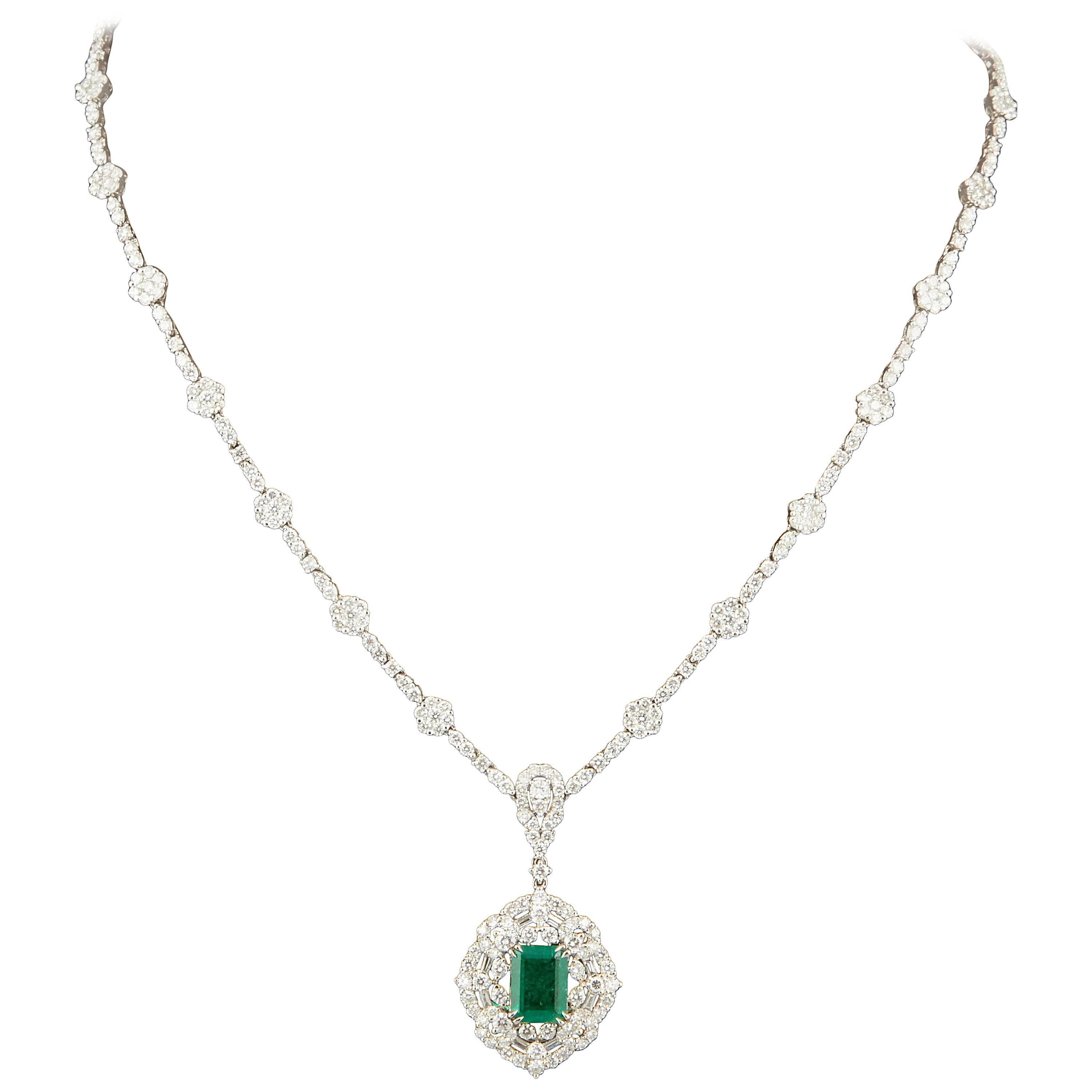 Green Emerald Diamond White Gold Pendant Necklace For Sale