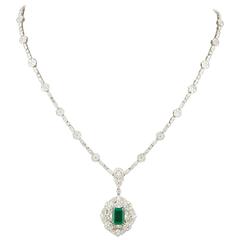 Vintage Green Emerald Diamond White Gold Pendant Necklace