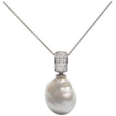 0.44 Carat White Diamond Baroque Pendant Australian South Sea Pearl