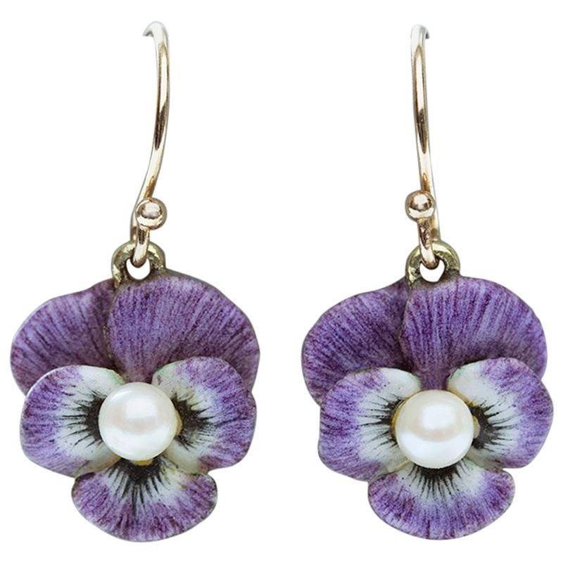 Art Nouveau Purple Enamel Pansy Earrings For Sale