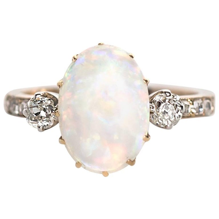 1880s Victorian 2.50 Carat Opal and .60 Carat Diamond Engagement Ring