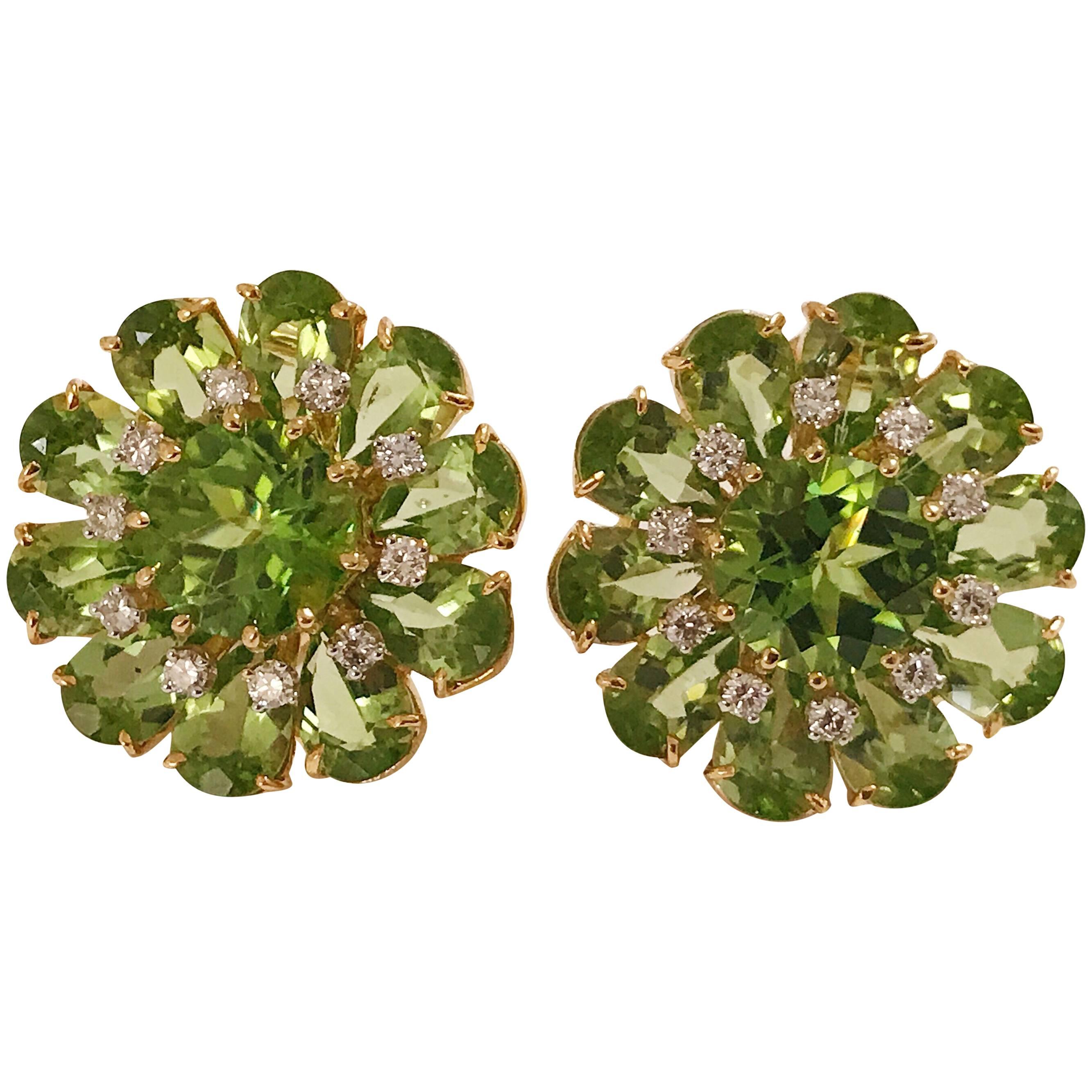 Peridot Diamonds Gold Flower Earrings For Sale