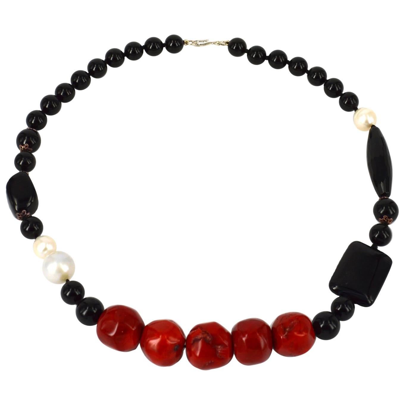 Black Onyx, Agate, Red Bamboo Coral and Freshwater Pearl Necklace